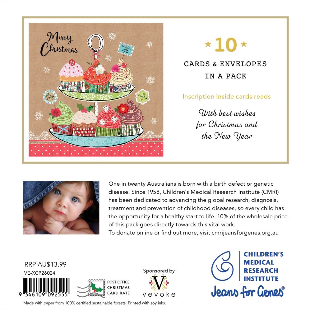 Packaging for Christmas cards with a tiered cake illustration and text about Children's Medical Research Institute.