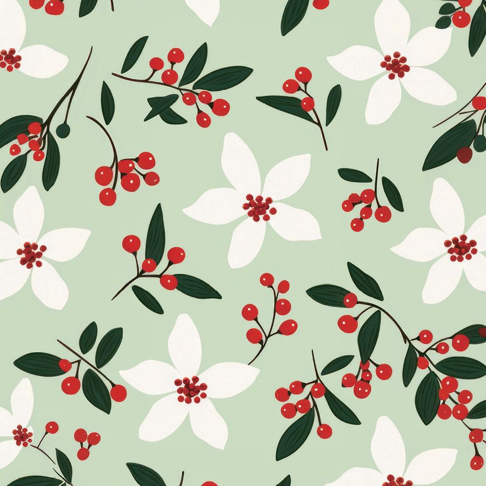 A card with green, red and white foliage, berries and flowers.