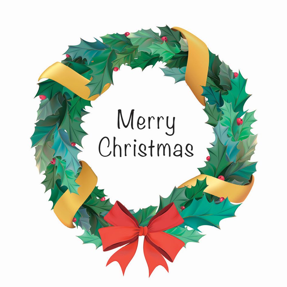 A green wreath with red and gold ribbon and the words merry Christmas.