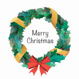 A green wreath with red and gold ribbon and the words merry Christmas.