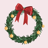 A green wreath with red ribbon and gold baubles