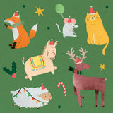 A green square gift tag with animals wearing Christmas hats