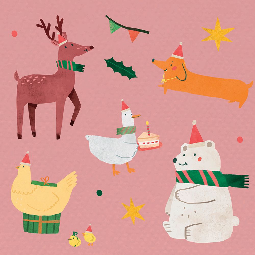 A pink square gift tag with animals wearing Christmas hats.
