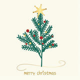 A green Christmas tree with a gold star, decorations and the words Merry Christmas in gold.