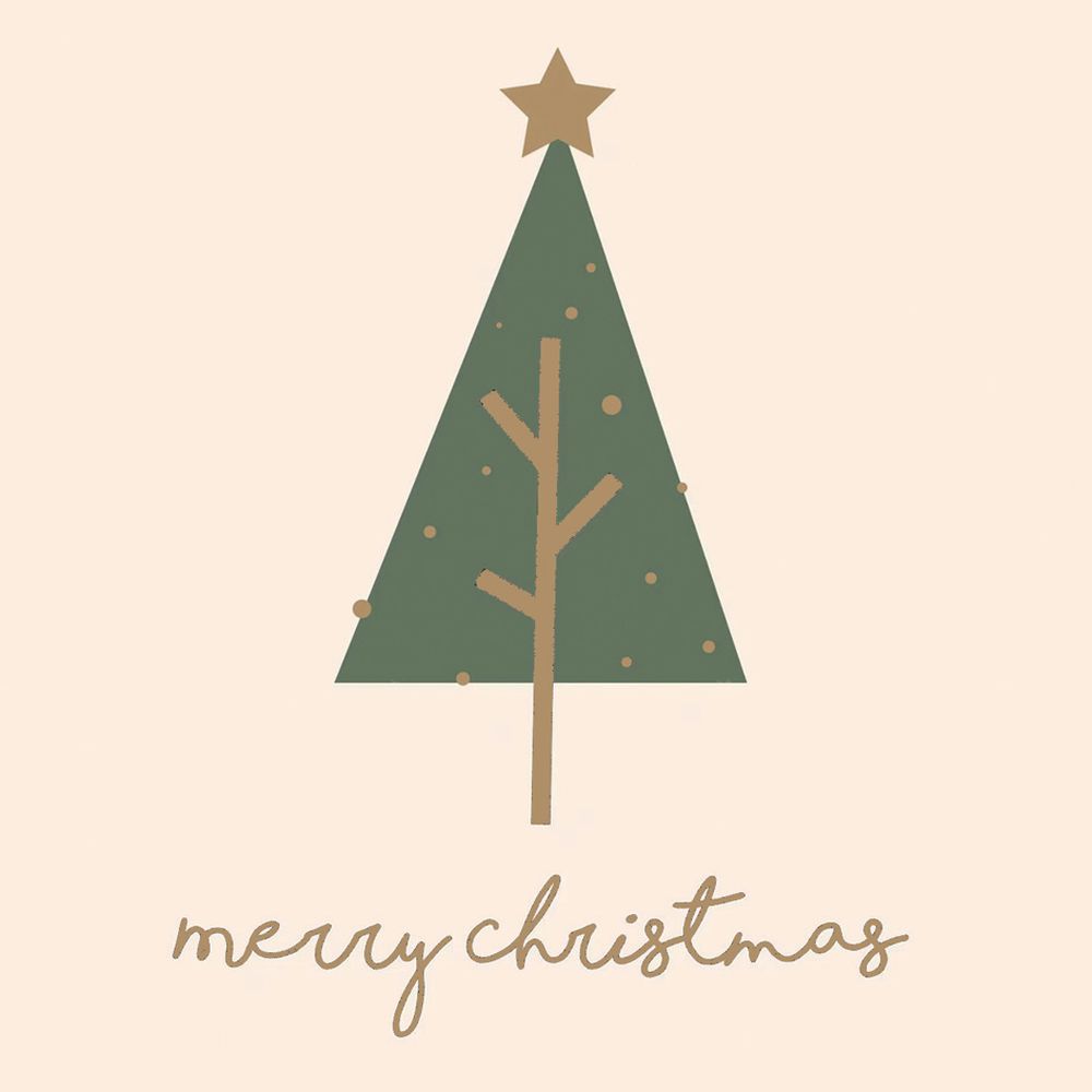 A geometric green Christmas tree with a gold star and the words Merry Christmas in gold