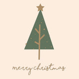 A geometric green Christmas tree with a gold star and the words Merry Christmas in gold