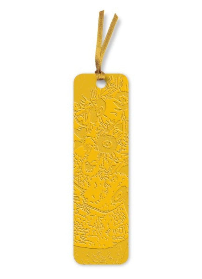 Bright yellow bookmark with flower design in the same colour embossed