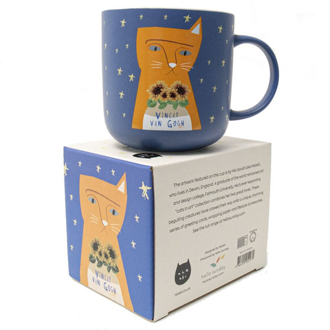 A purple mug with an orange cat - Vincat van Gogh by Niaski on it's box.