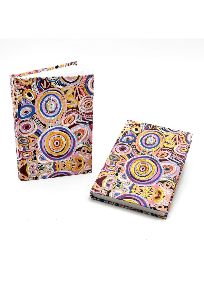 Two colorful patterned books on a white background