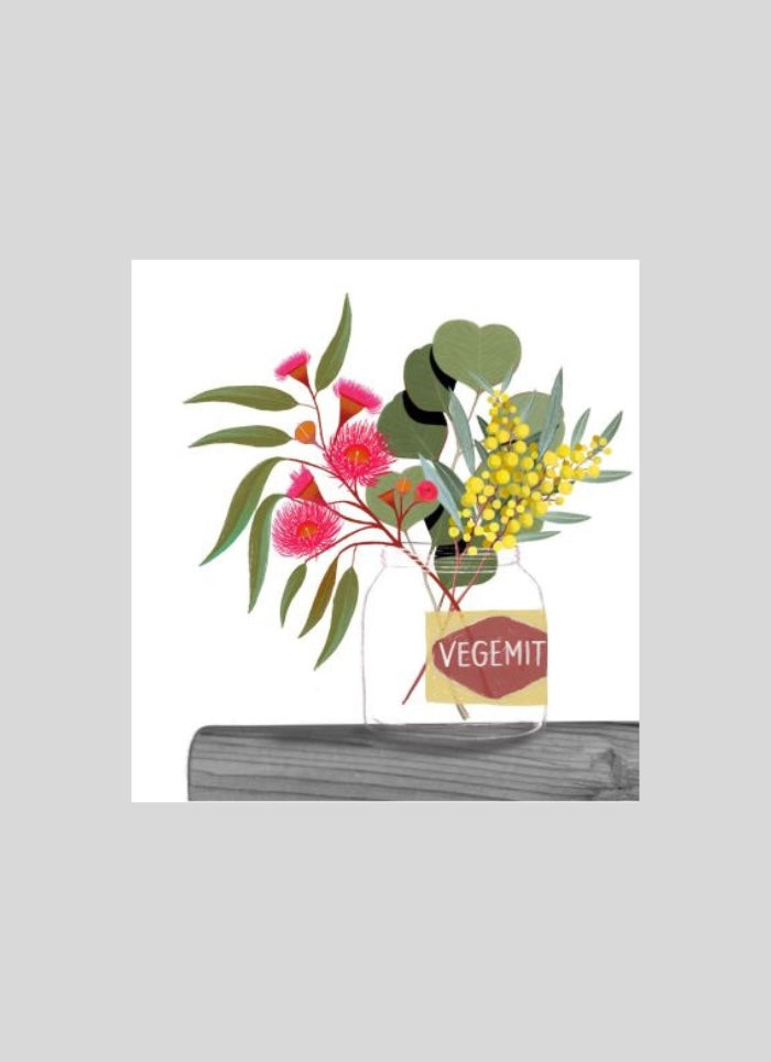 Illustration of a jar with flowers labeled 'Vegemite' on a gray background