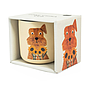 A cream coloured mug with a ginger dog and sunflowers in it's box - Vincent van Dog by Niaski design.