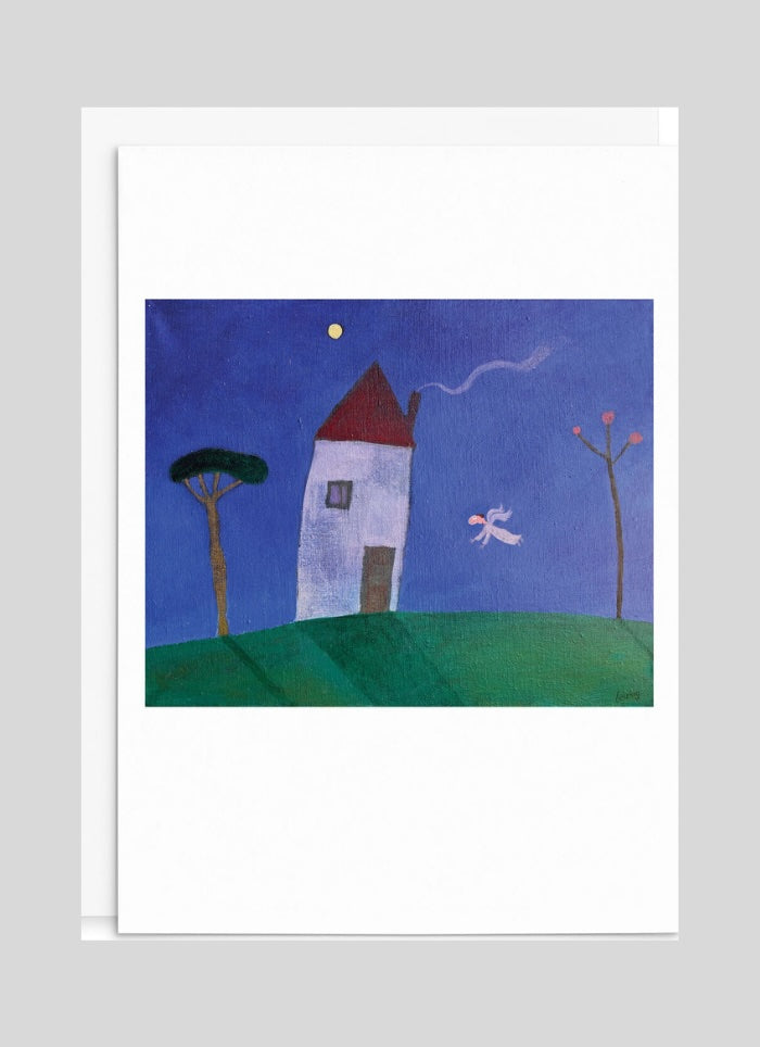 Children's drawing of a lighthouse on a hill with a white border.