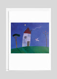 Children's drawing of a lighthouse on a hill with a white border.
