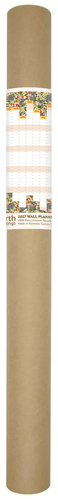 Roll of brown paper with printed designs on a white background
