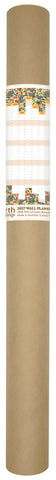 Roll of brown paper with printed designs on a white background
