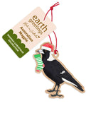 Australian Magpie, wooden Earth Greetings Christmas Decoration - bird with a stocking and hat.