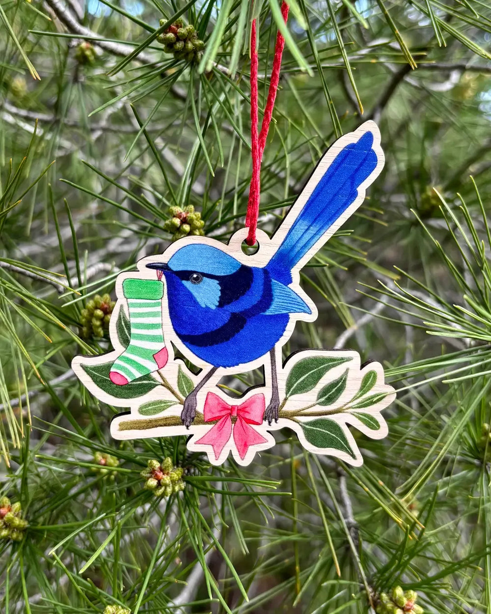 Splendid Fairy Wren wooden Christmas decoration by Earth Greetings in a tree.