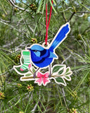 Splendid Fairy Wren wooden Christmas decoration by Earth Greetings in a tree.