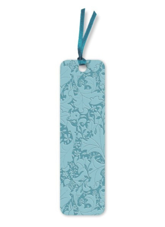 Blue floral bookmark with a ribbon on a white background