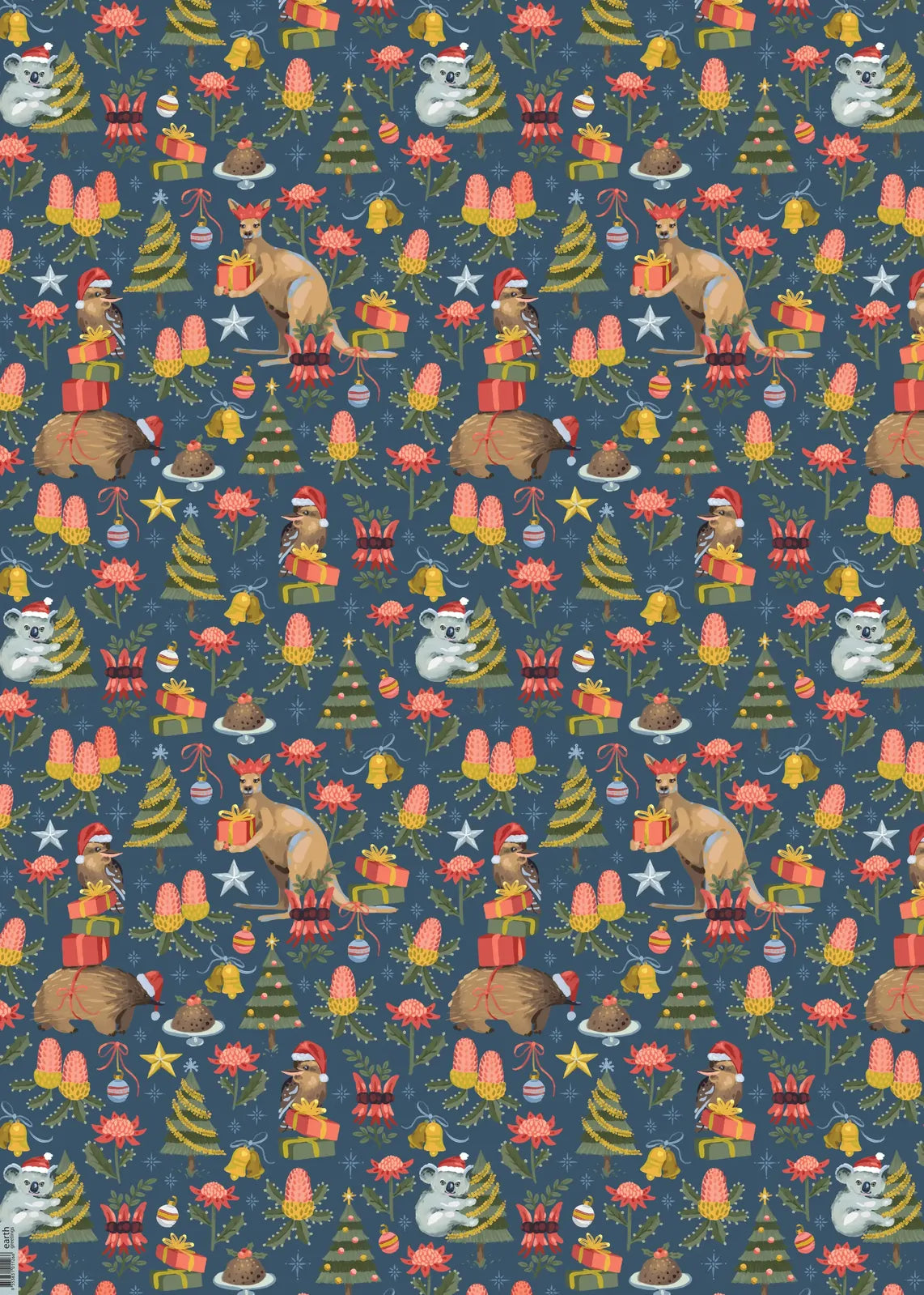 A repeating Christmas-themed pattern featuring kangaroos, Santa clowns, pine trees, gifts, stars, and ornaments on a dark blue background.