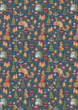 A repeating Christmas-themed pattern featuring kangaroos, Santa clowns, pine trees, gifts, stars, and ornaments on a dark blue background.