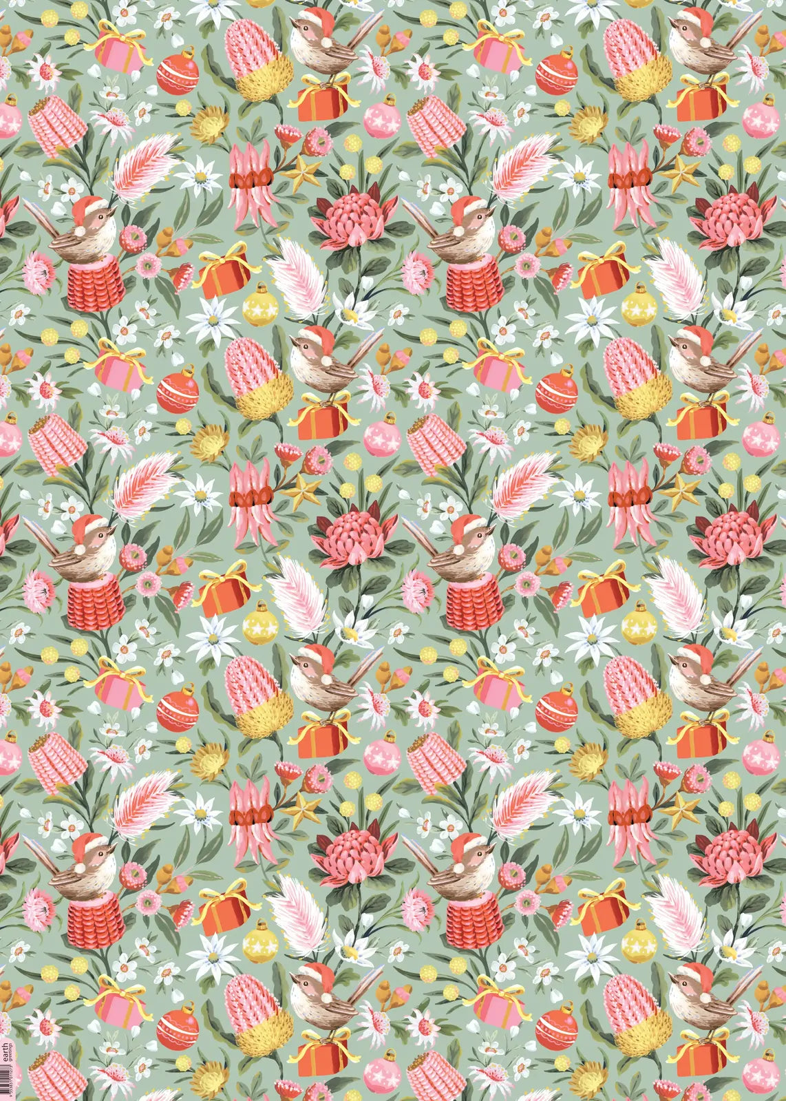 A repeating botanical and bird pattern on a muted sage green background, featuring pink and red flowers, white daisies, orange pumpkins, and small brown birds with red baskets.