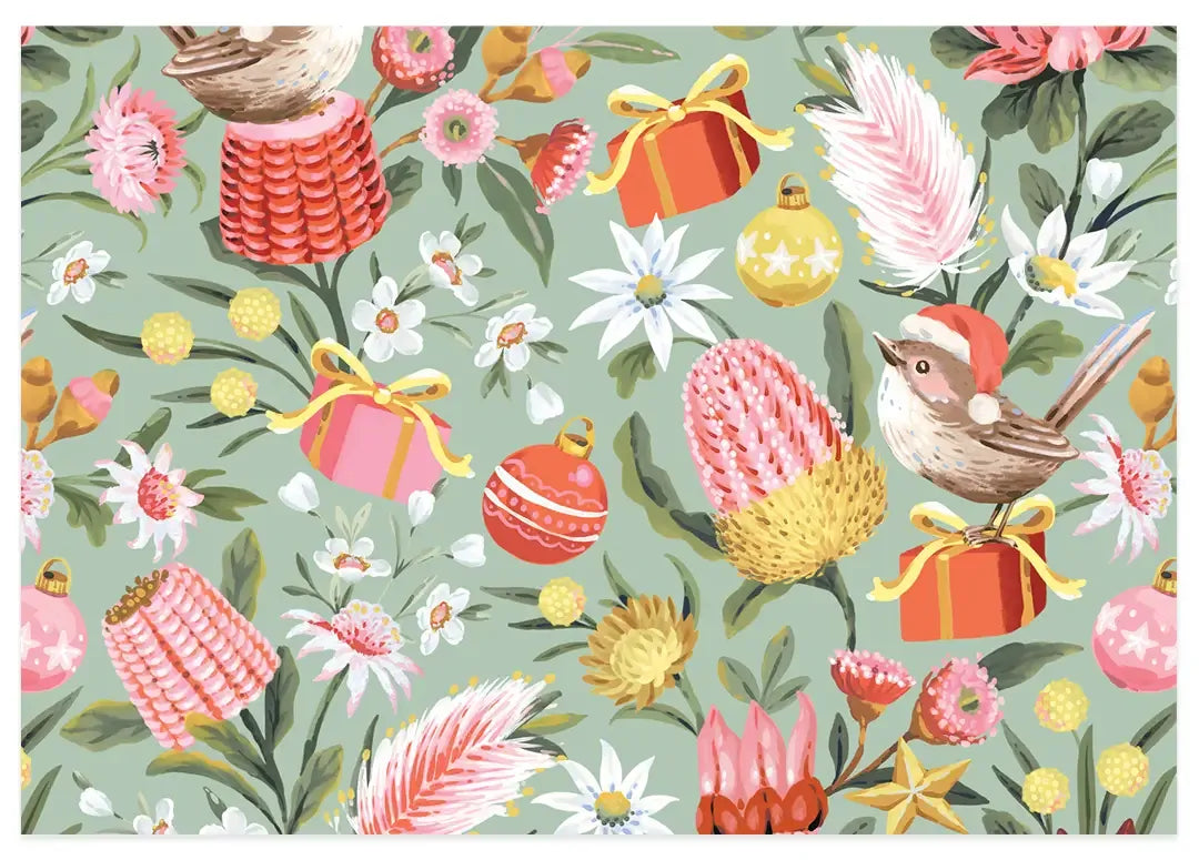 A festive seamless pattern featuring a small bird in a Santa hat, pink and red protea flowers, white daisies, pink feathers, and Christmas ornaments on a sage green background.