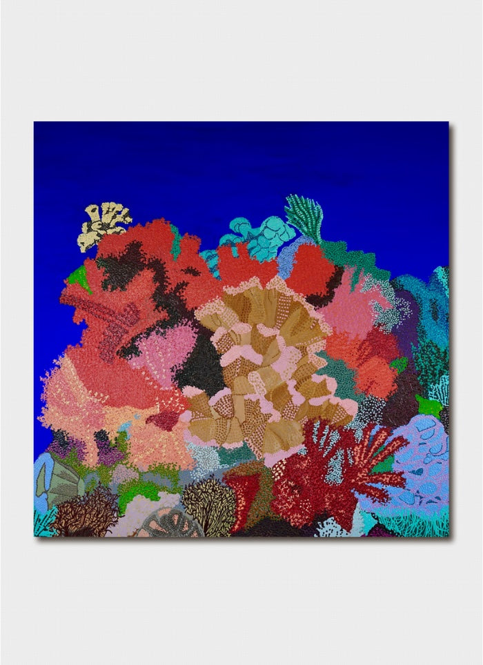 Colorful coral reef painting on a blue background