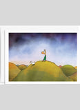 Illustration of a person and a dog standing on a hill with a colorful sky.