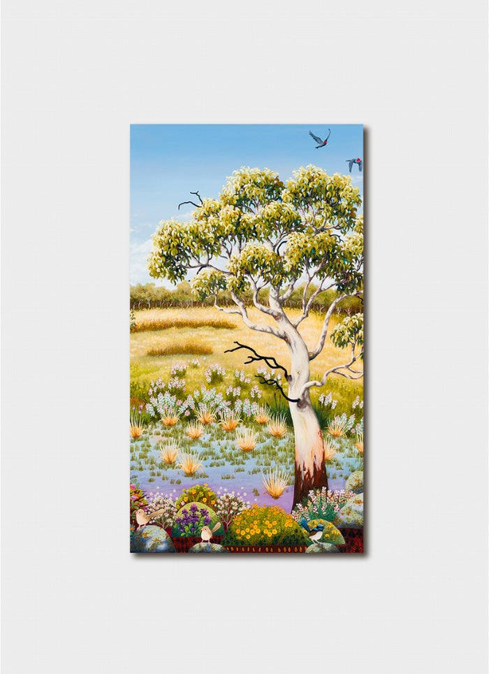 Painting of a tree with flowers and birds on a blue sky background