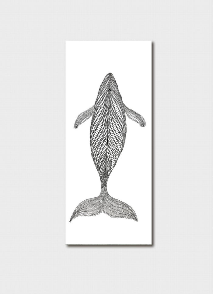 Black and white whale illustration on a white background