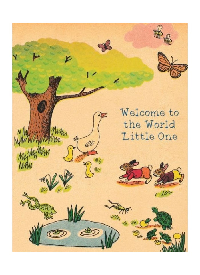 Illustrated greeting card with animals and text 'Welcome to the World Little One' on a beige background.