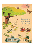 Illustrated greeting card with animals and text 'Welcome to the World Little One' on a beige background.