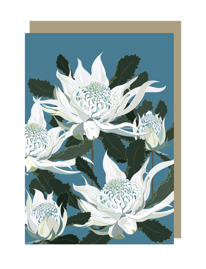 Floral card with white flowers on a blue background