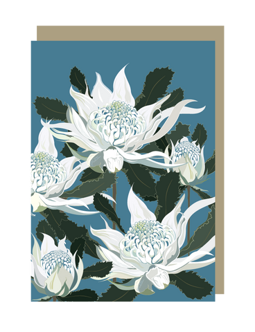 Floral card with white flowers on a blue background