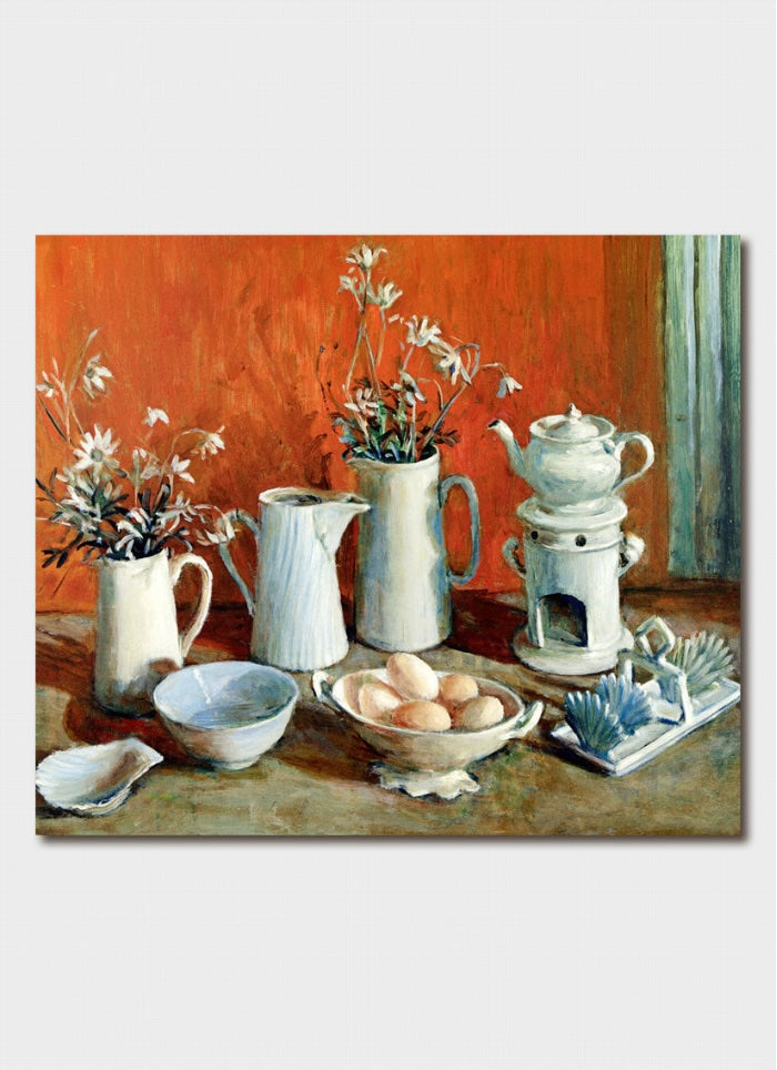 Still life painting with teapots, flowers, and eggs on a wooden surface.