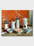 Still life painting with teapots, flowers, and eggs on a wooden surface.