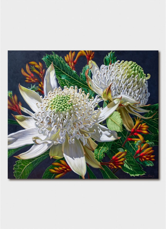 Close-up of a white flower with green leaves and orange accents on a dark background