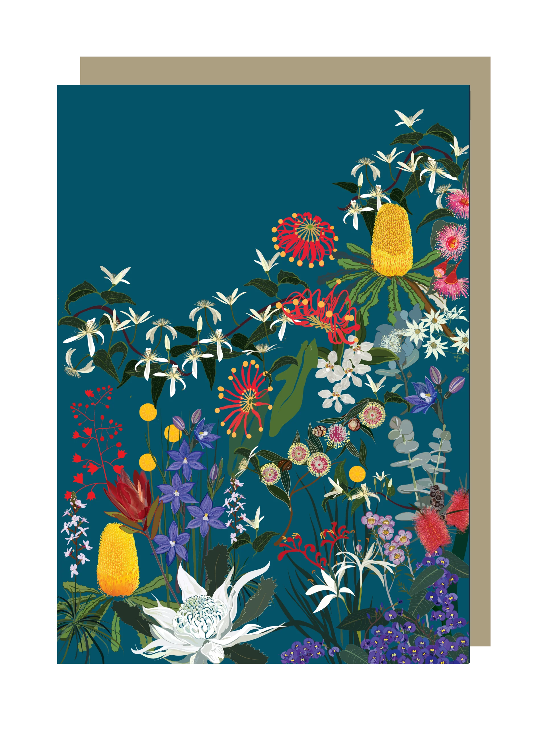 Green card with native flowers. Pip and Pod Wildflower Bloom Mini Card.