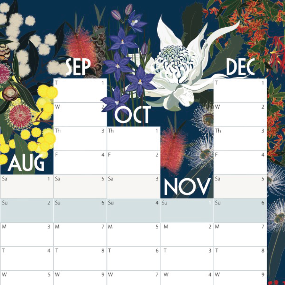 A monthly calendar page with September through November grids, decorated with colorful Australian floral artwork along the top and side borders on a dark blue background.
