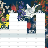 A monthly calendar page with September through November grids, decorated with colorful Australian floral artwork along the top and side borders on a dark blue background.
