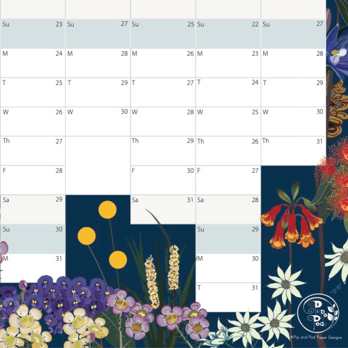 A floral calendar page showing a monthly grid from Su 23 to T 31, overlaid on a dark navy background decorated with colorful wildflowers including purple, yellow, white, and red blossoms. A circular logo at the bottom right reads 'Doodle Patch' and 'Shop and Print Paper Designs.