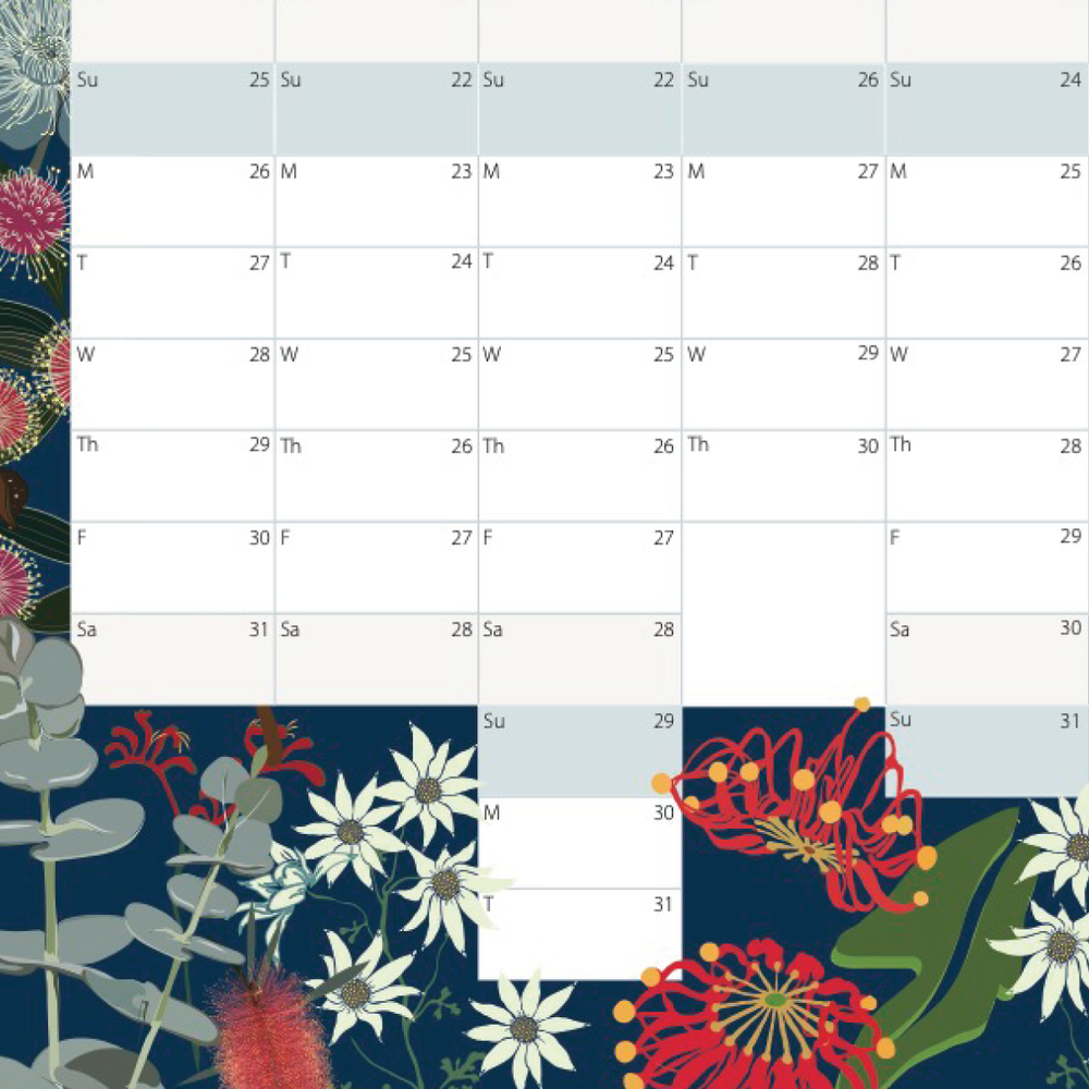 A monthly calendar page with a dark navy floral border featuring white daisies, red flowers, green leaves, and gray eucalyptus stems. The calendar grid has light blue and white days, with the 1st highlighted in white.