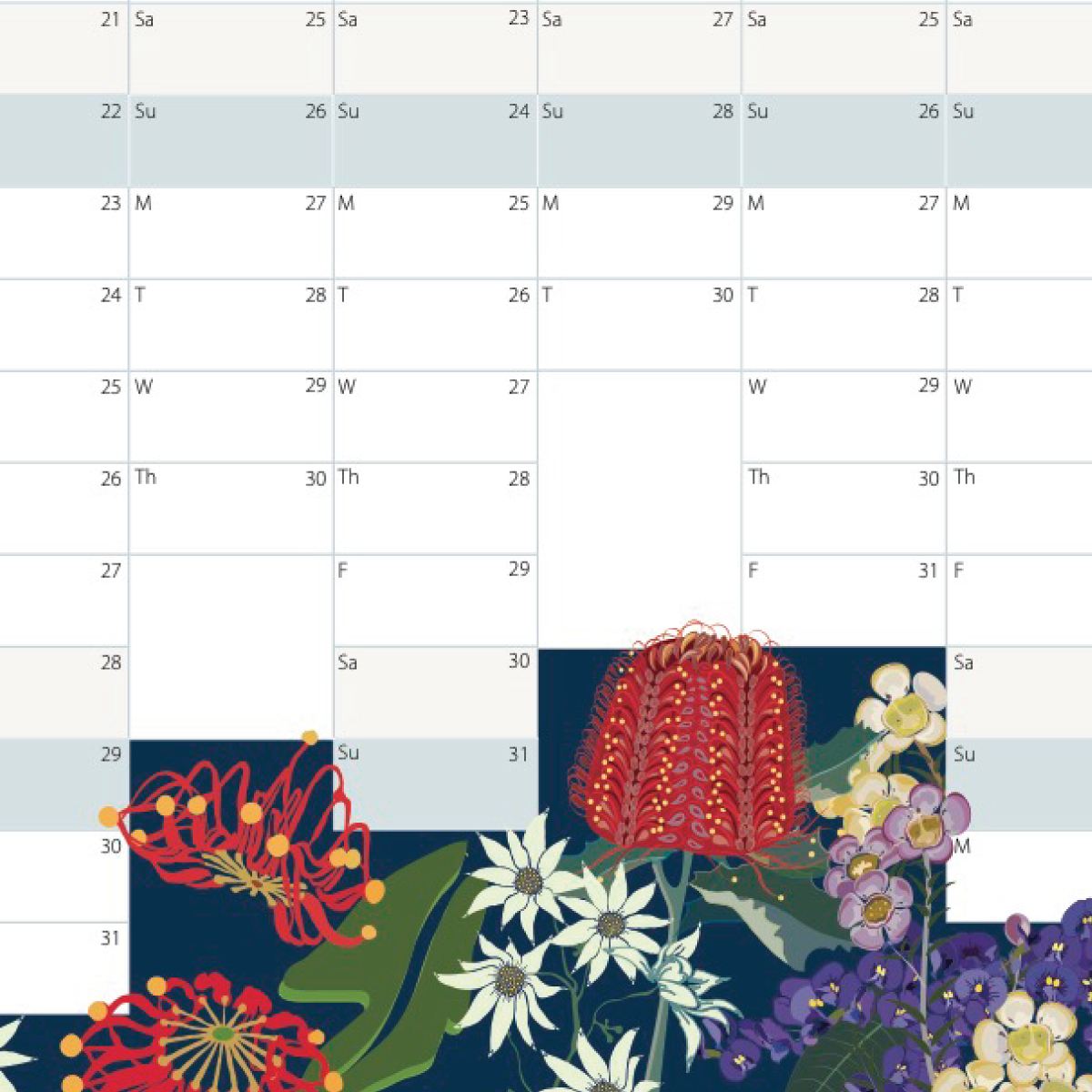A monthly calendar page showing dates from the 21st to 31st, decorated with colorful floral artwork along the bottom. The flowers include red, white, purple, yellow, and green tones on a dark blue background.
