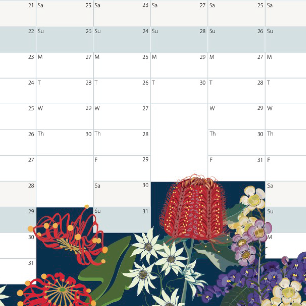 A monthly calendar page showing dates from the 21st to 31st, decorated with colorful floral artwork along the bottom. The flowers include red, white, purple, yellow, and green tones on a dark blue background.
