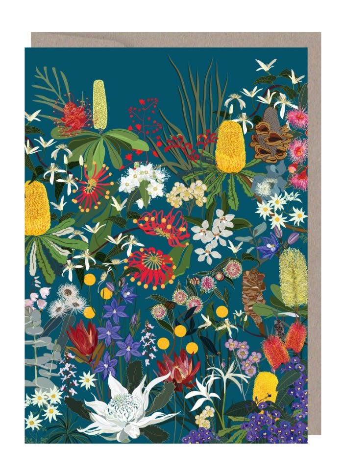 Greeting card with a colorful floral design on a blue background