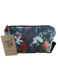 Floral-patterned pouch with a visible brand tag on a white background