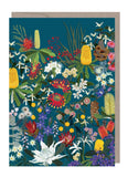 Greeting card with a colorful floral design on a blue background