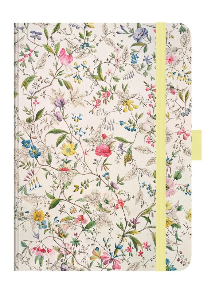 Floral-patterned notebook with a yellow strap on a white background