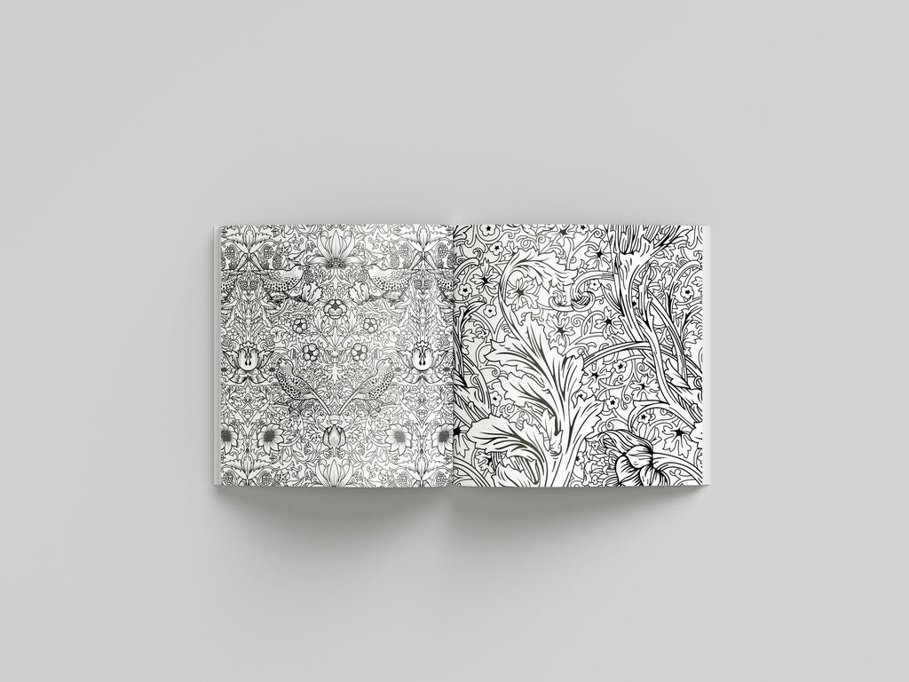 Two coloring books with intricate black and white patterns on a gray background